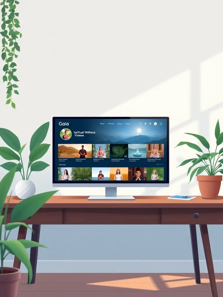 A screenshot of Gaia's interface showing a selection of spiritual and wellness videos in a serene setting, promoting Gaia Streaming Platform.