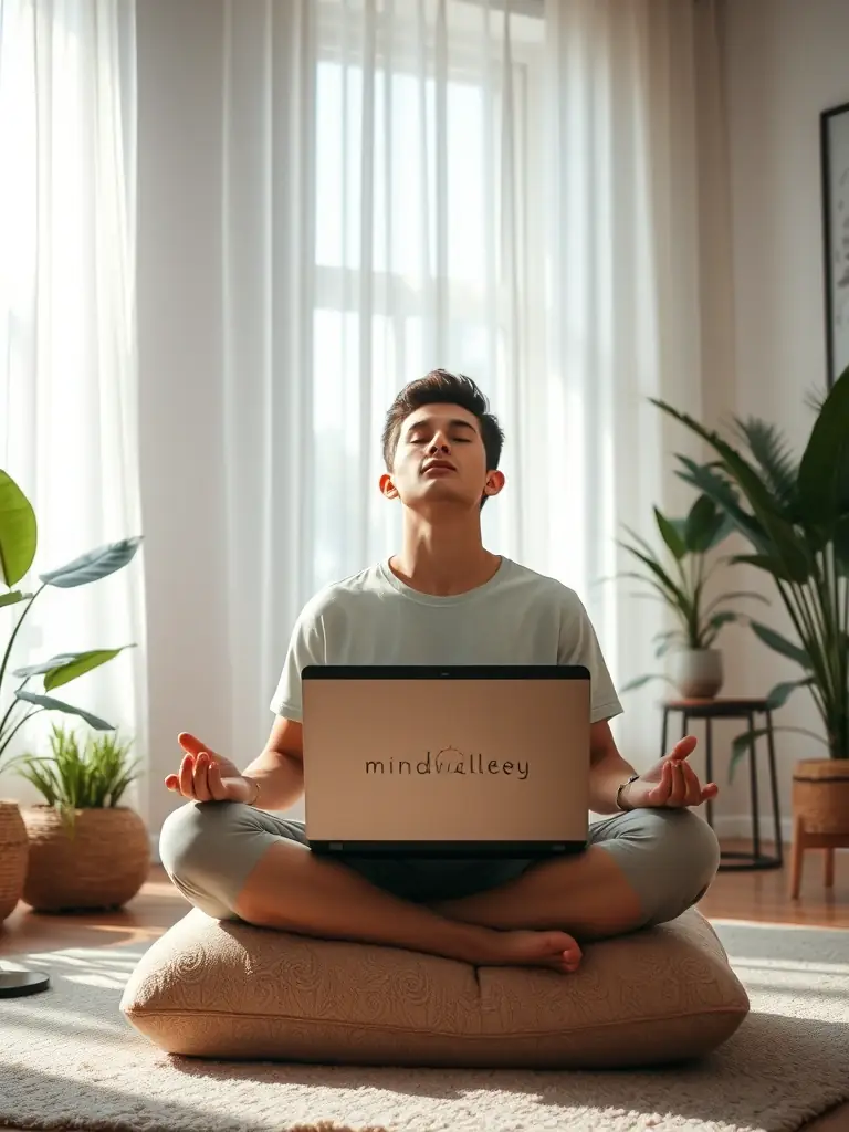 An image of a person meditating with a laptop displaying Mindvalley's interface, set in a calming environment, promoting Mindvalley Courses.