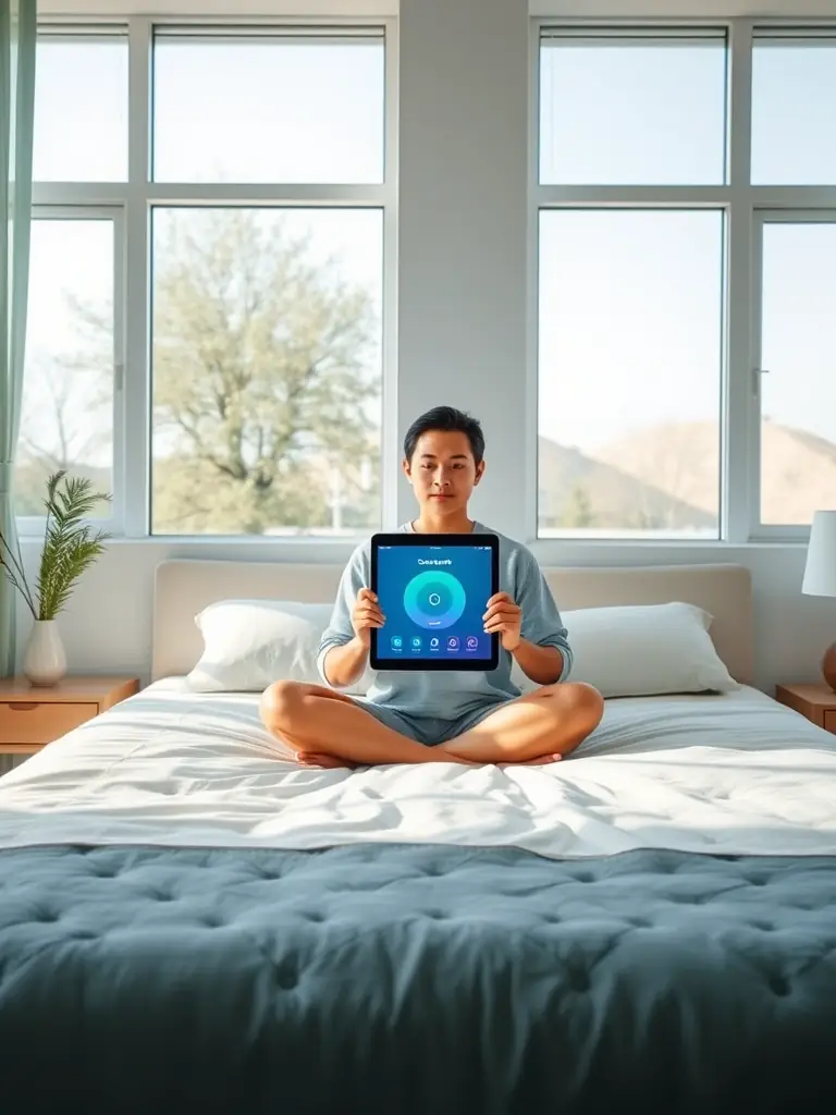 A peaceful bedroom scene with a person practicing breathing exercises using the Somabreath app on a tablet, promoting Somabreath Sleep Aid.