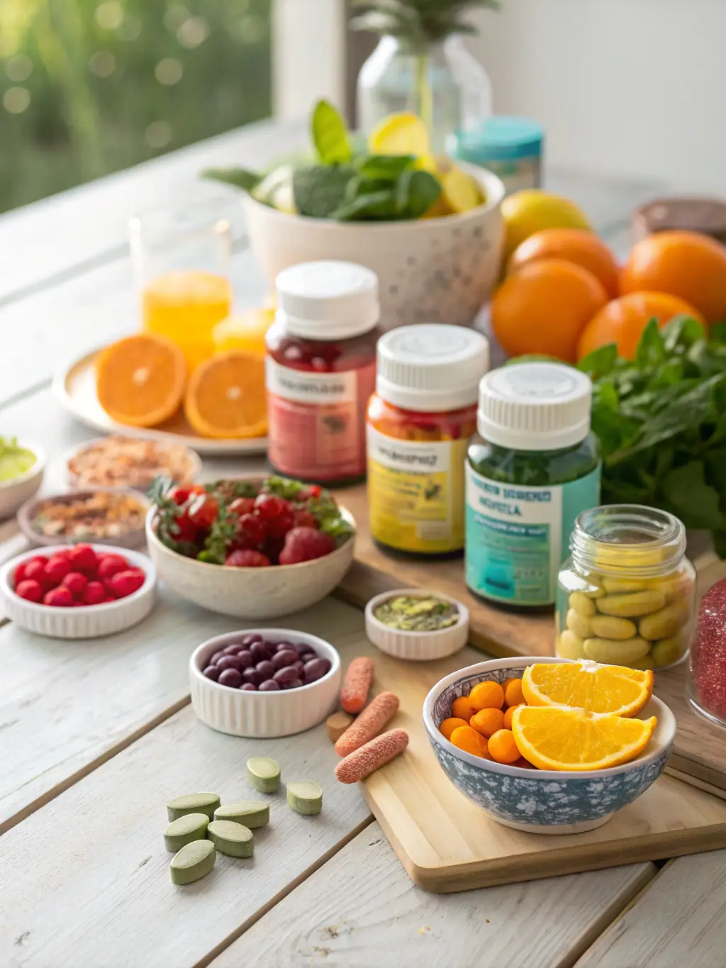 A vibrant image of supplement bottles and capsules arranged neatly on a wooden surface, promoting Amazon Supplements.